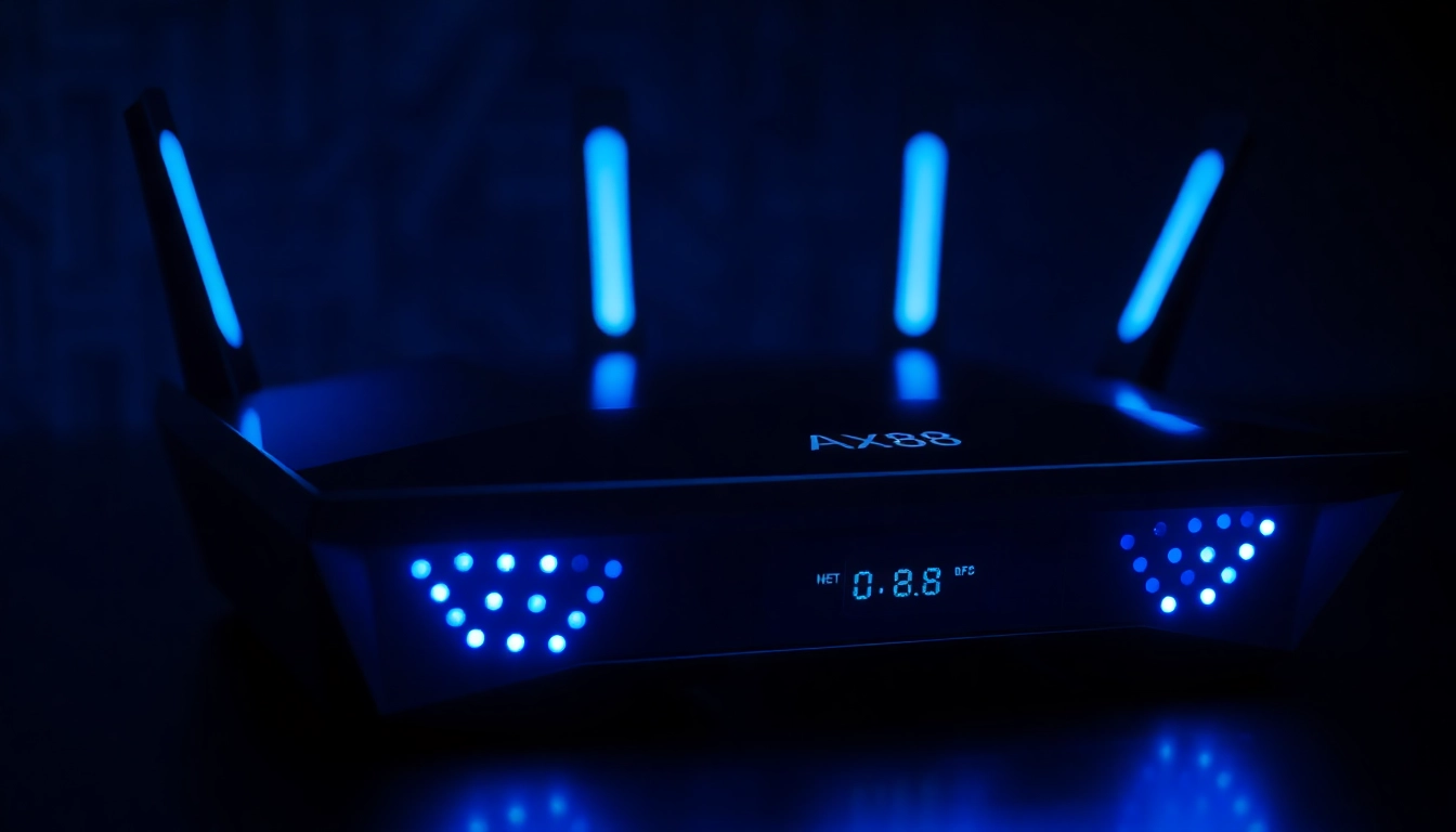 AX88 wireless router showcasing advanced features with sleek design and vibrant LED indicators for fast internet connectivity.