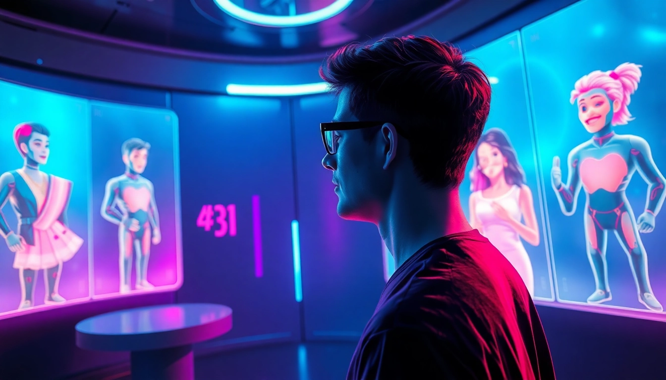 Futuristic scene of a person interacting with holographic AI characters in a neon-lit environment.
