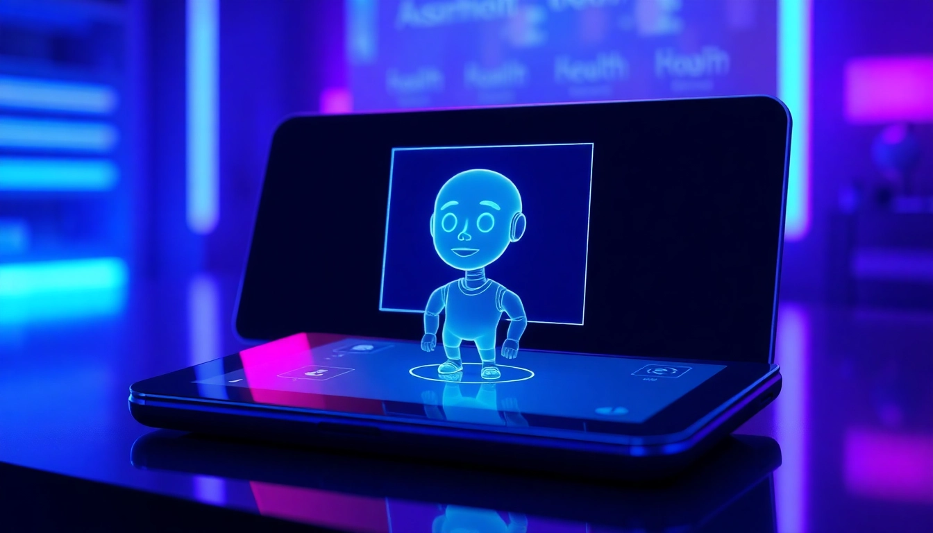 An advanced AI interface showcasing a holographic AI character with expressive features, glowing neon accents, and a futuristic digital environment.