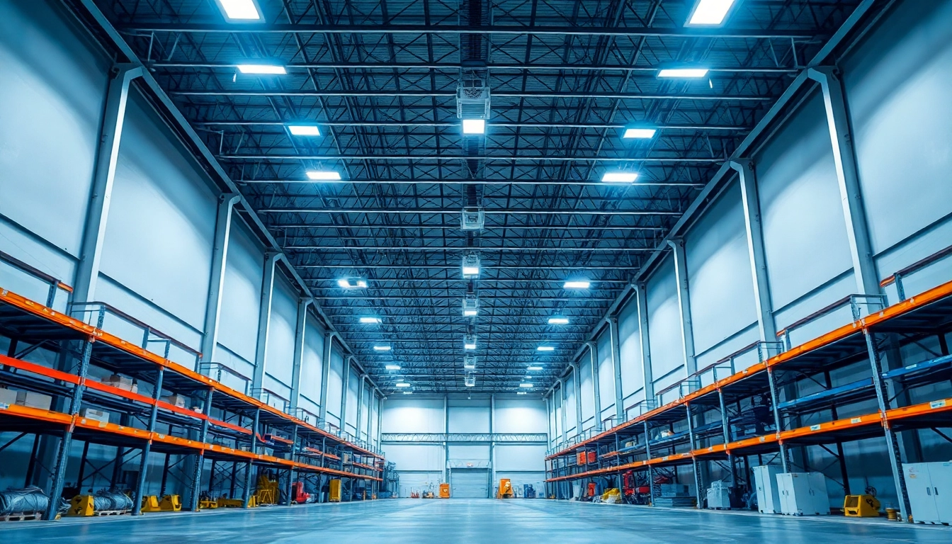 Moderne LED-Hallenbeleuchtung in einer Industriehalle, helle und gleichmäßige Lichtverteilung