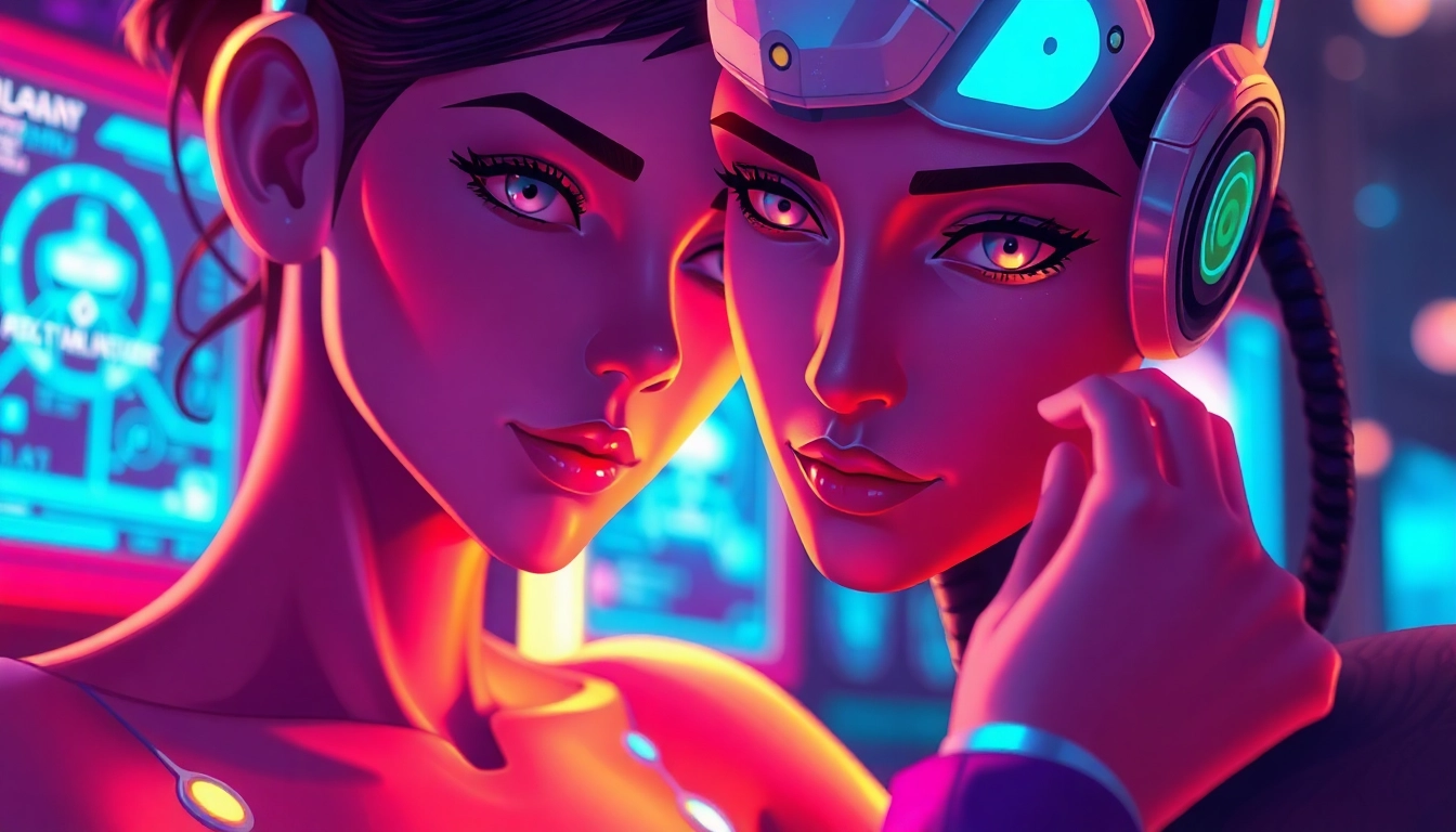 Futuristic AI character in an immersive roleplay scene with vibrant neon lighting and detailed textures.