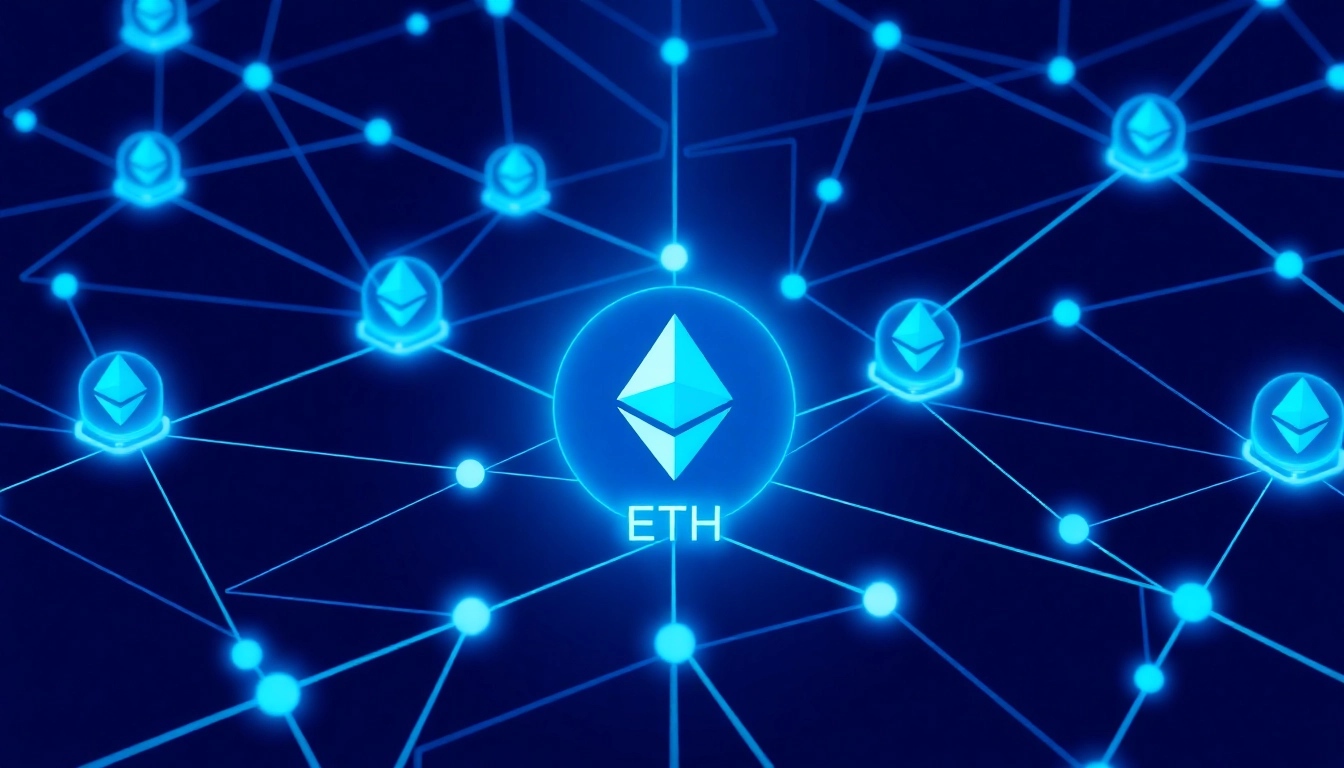 Visual of staking ETH on a secure blockchain network, illustrating passive income and network validation with high-tech design and Ethereum icons