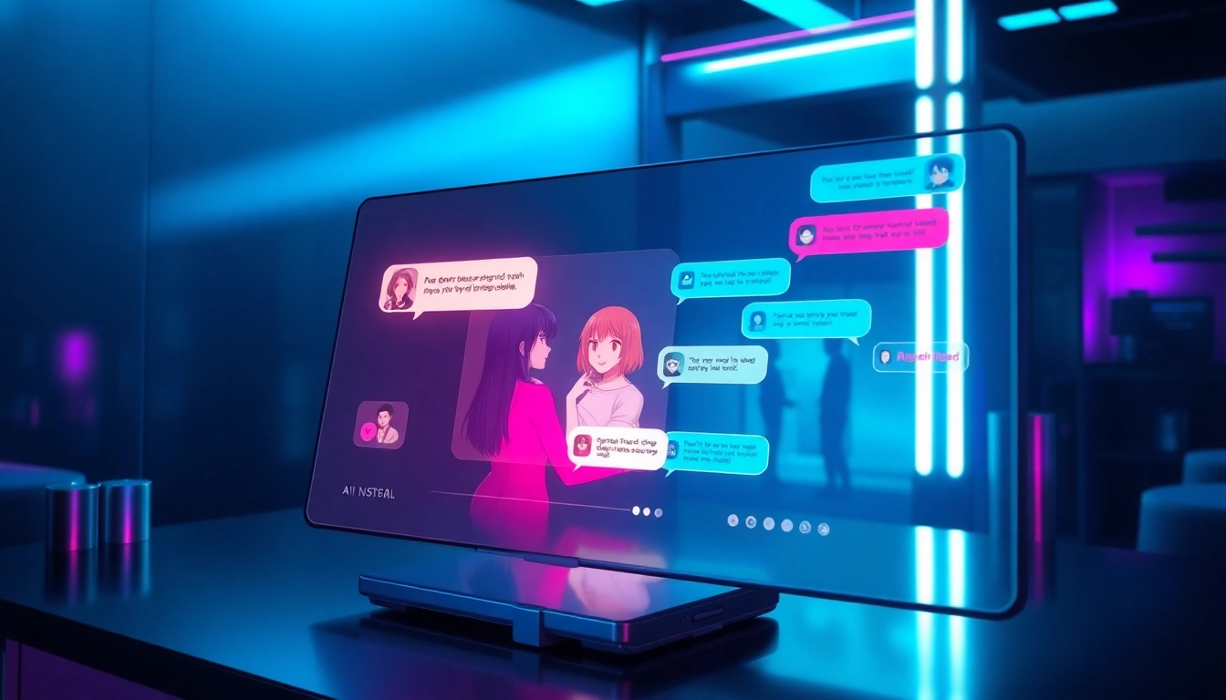 Futuristic AI chat interface with anime and realistic characters in a neon-lit setting