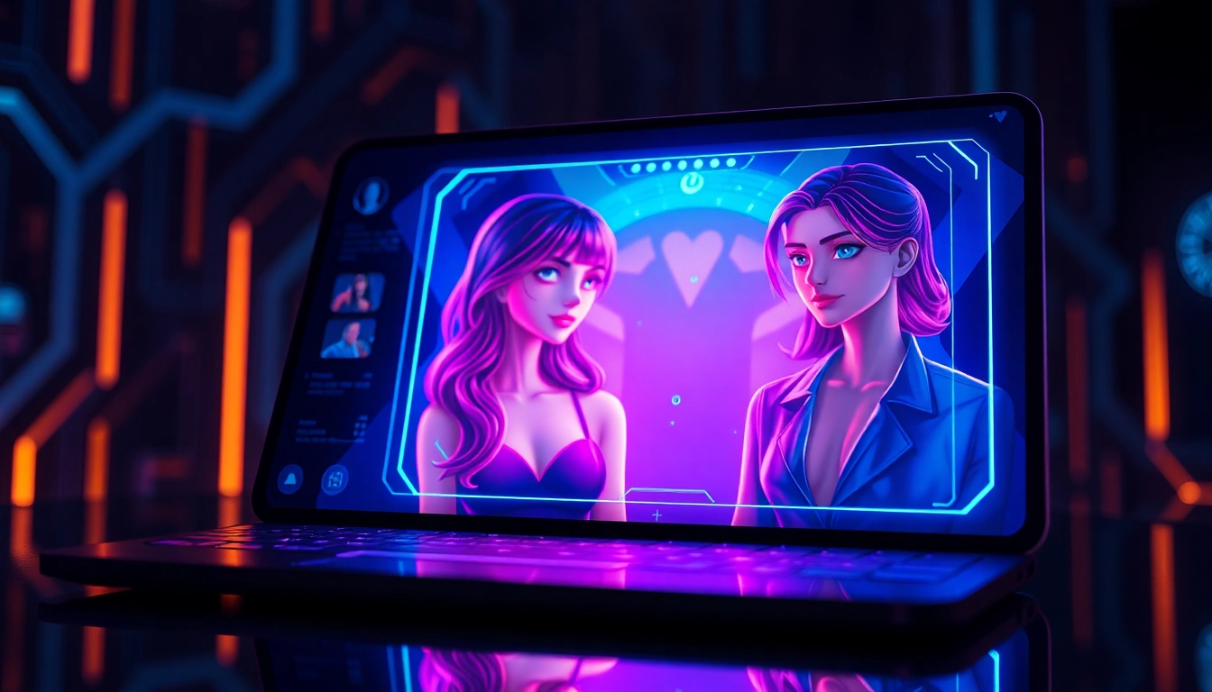 Futuristic AI chat interface with vibrant holographic avatars and neon lighting, creating an immersive, sensual digital scene.