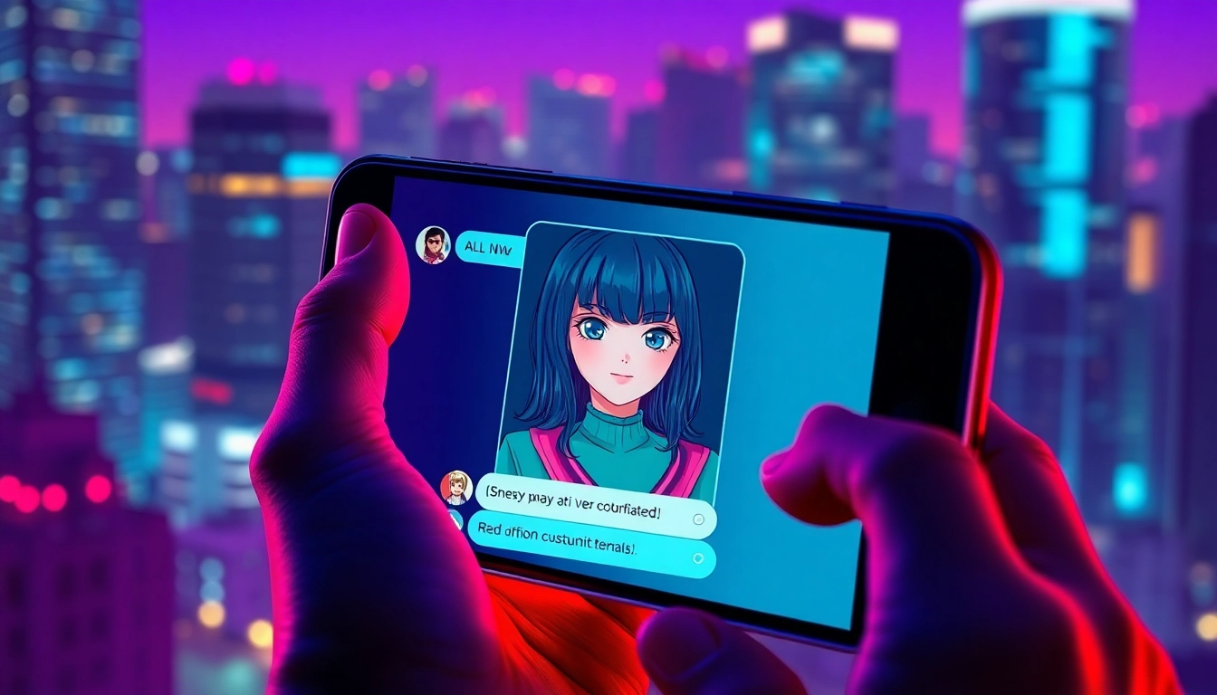 Futuristic smartphone displaying an unfiltered NSFW AI chat with customizable anime-style character visuals at night.