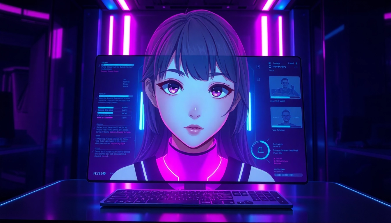 Futuristic AI chat interface with a customizable anime-style female avatar illuminated by neon lights in a modern room.