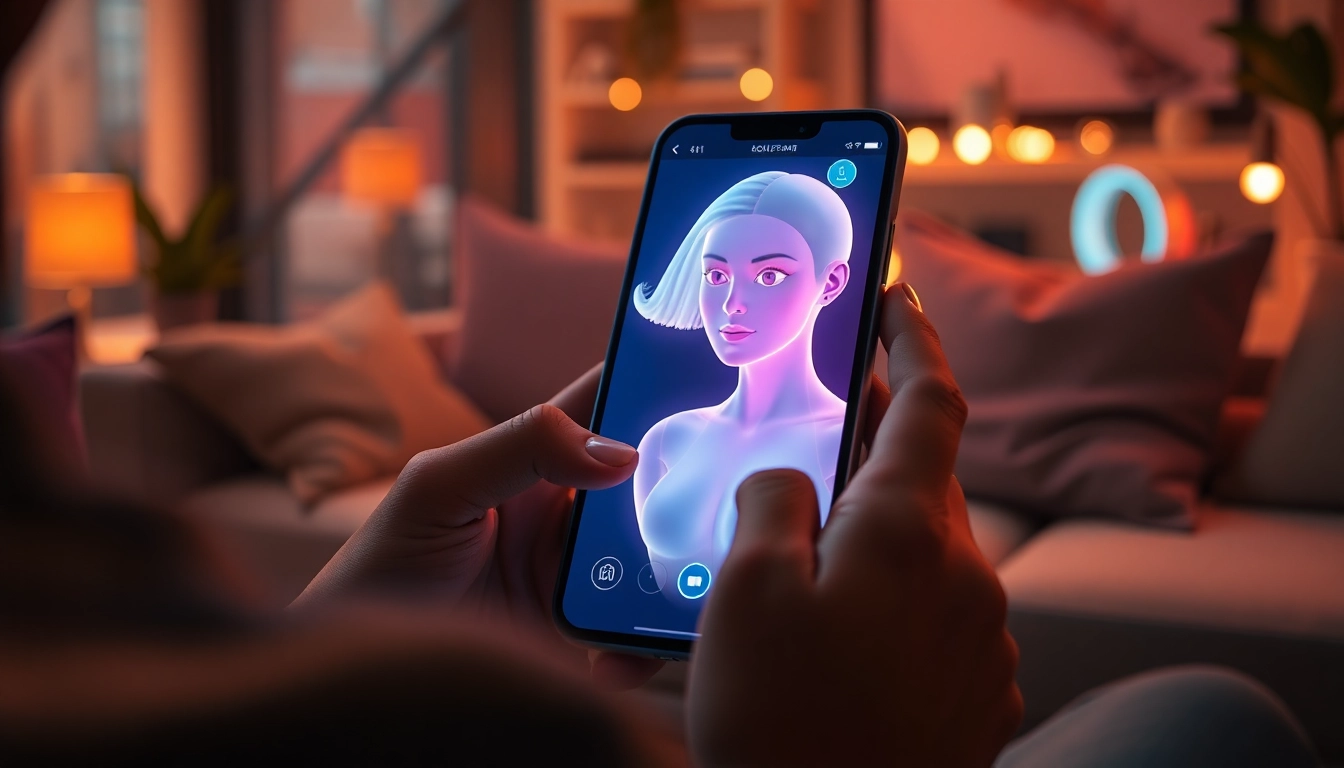 A person interacting with a holographic AI girlfriend on a mobile device in a cozy, modern room with warm lighting.