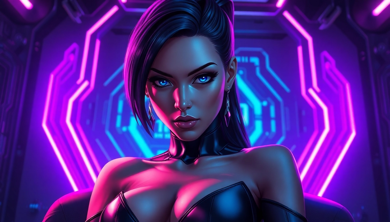 Futuristic female AI character in a neon-lit cyber environment, embodying femdom themes.