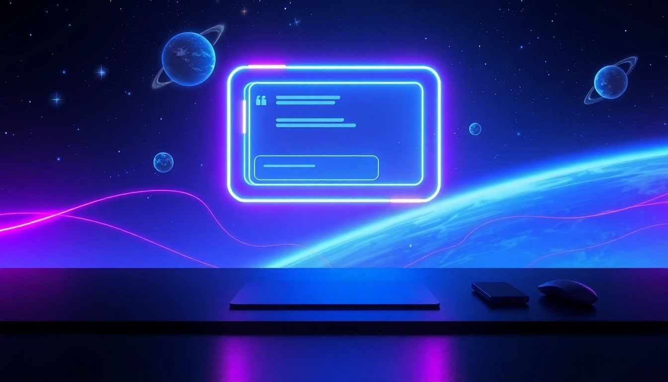Futuristic digital interface with cosmic background and neon accents, representing advanced AI chat technology.