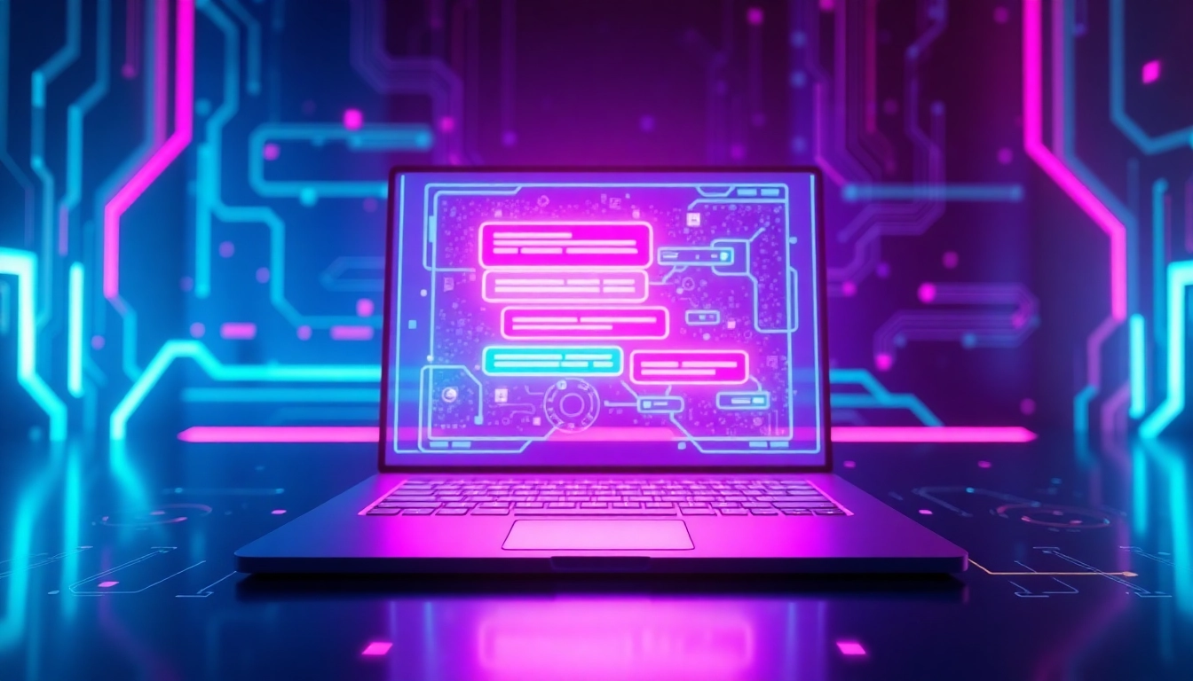 Futuristic chatbot interface with glowing holographic chat window and neon accents.