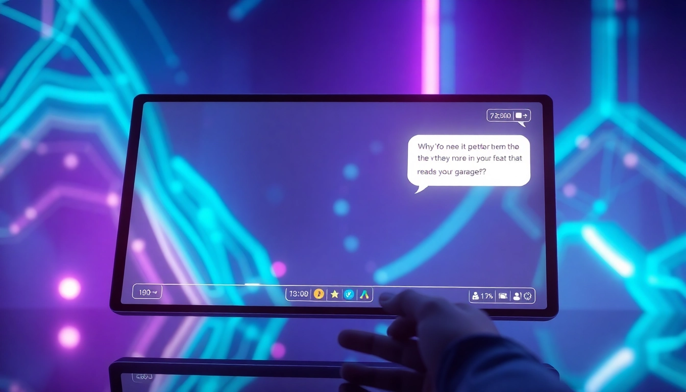 A futuristic digital chat interface with neon accents and a user interacting with an AI character.
