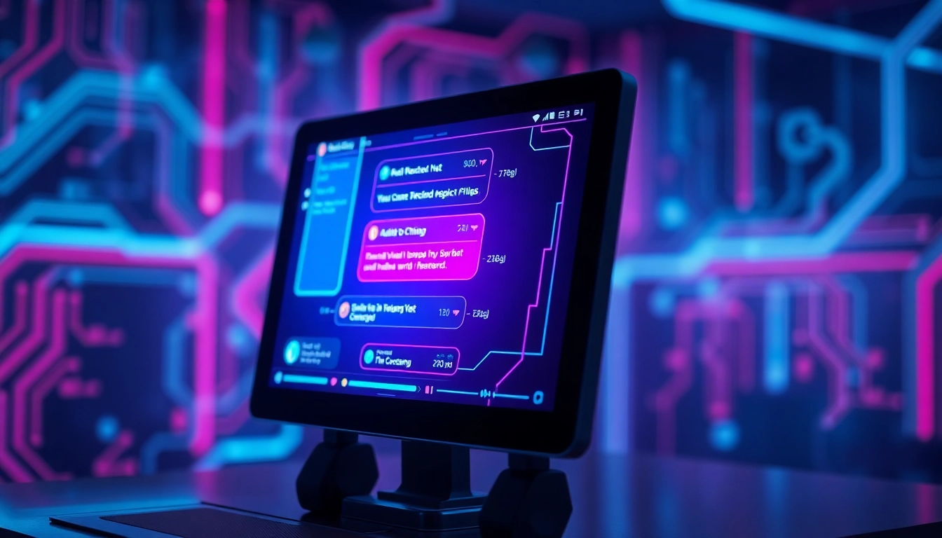 Close-up of a sleek AI chatbot interface with neon accents on a digital screen in a high-tech environment.