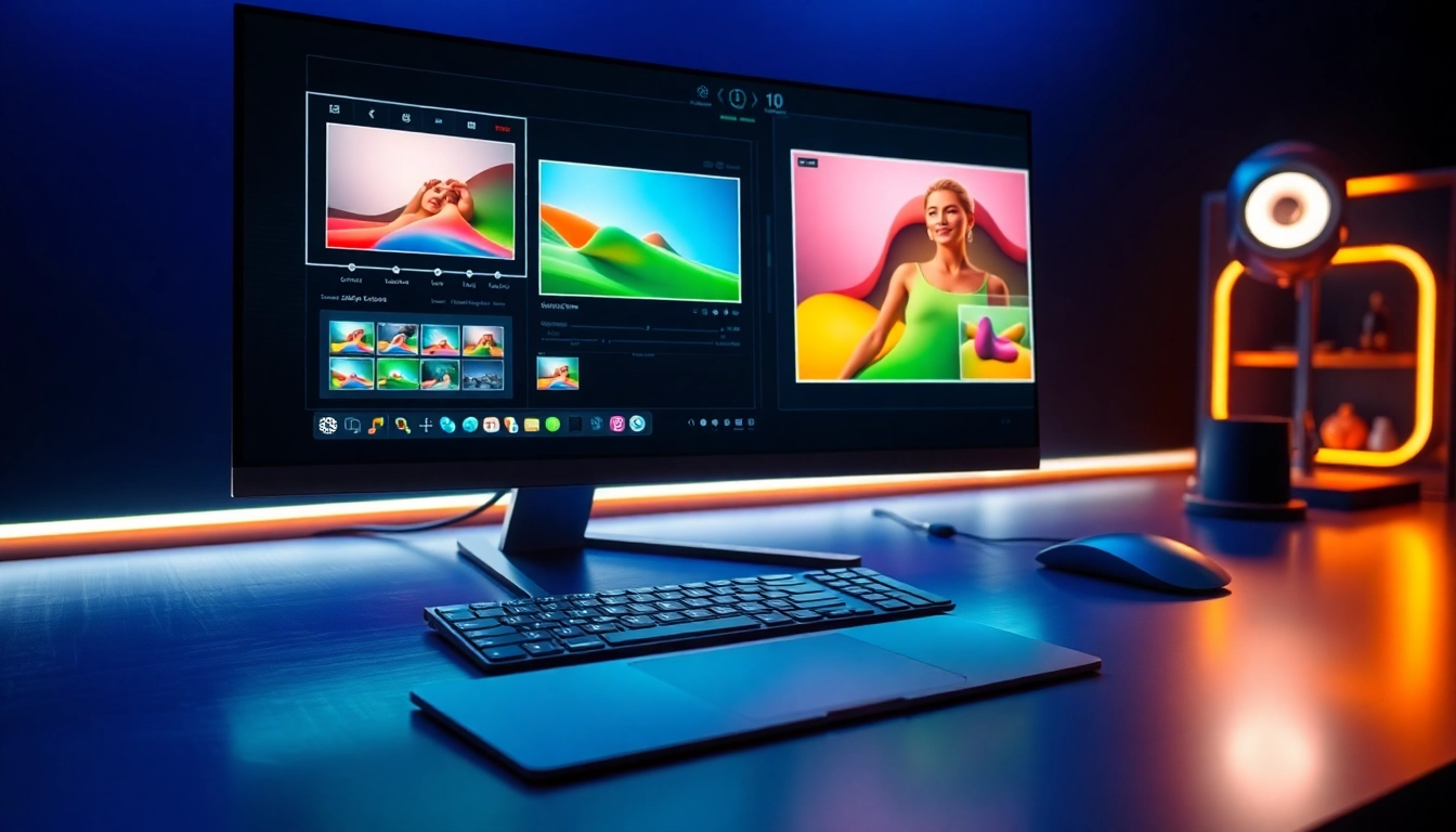 Futuristic workspace with AI image editing interface displaying advanced editing features and holographic controls.