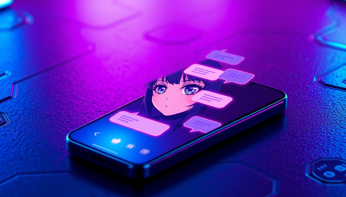 Futuristic smartphone displaying an anime-inspired AI chatbot interface with neon lighting.