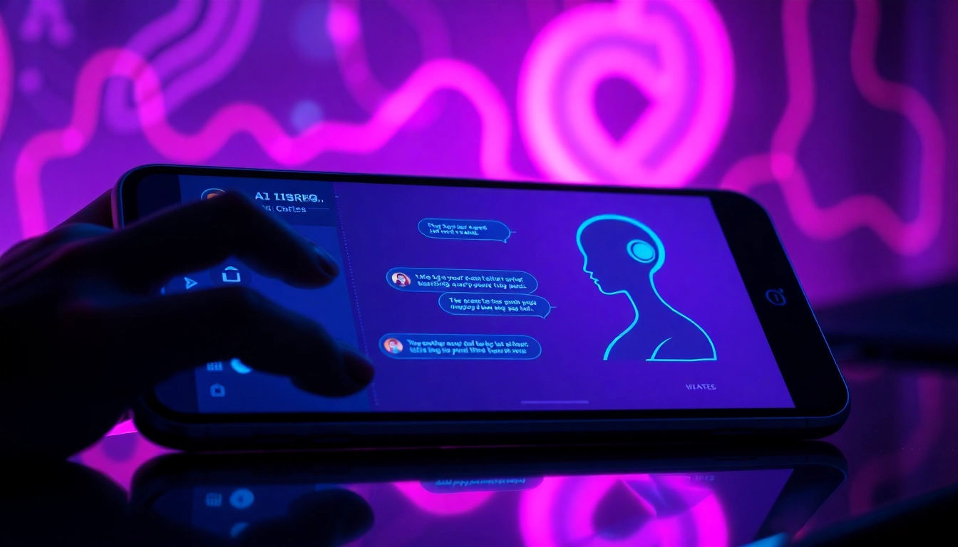 Futuristic digital interface with neon colors showing an AI chatbot on a device in a cyberpunk setting.