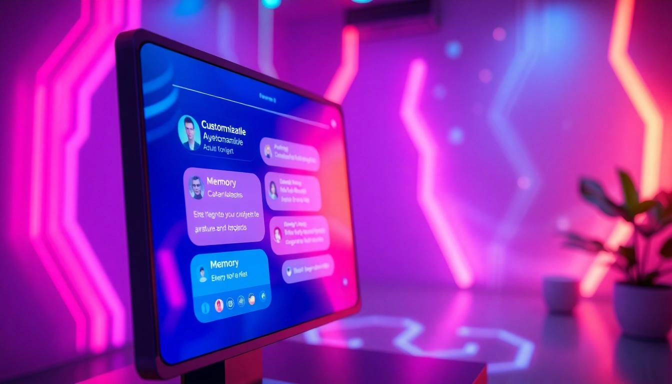 Futuristic AI chatbot interface with neon colors and holographic elements on a high-tech screen.