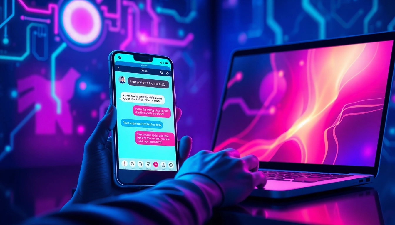 Smartphone and laptop displaying a chatbot conversation with vibrant neon colors and a futuristic atmosphere.