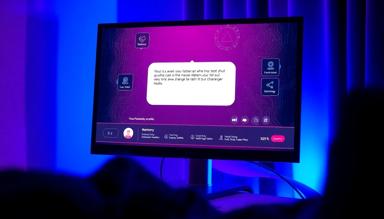 A high-tech digital interface showing a flirtatious AI chatbot conversation in a dimly lit room with ambient lighting.