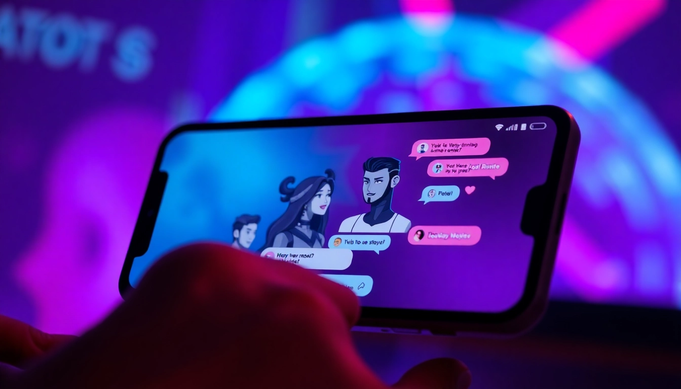 Close-up of a digital chat interface with animated AI characters in a vibrant, intimate setting.