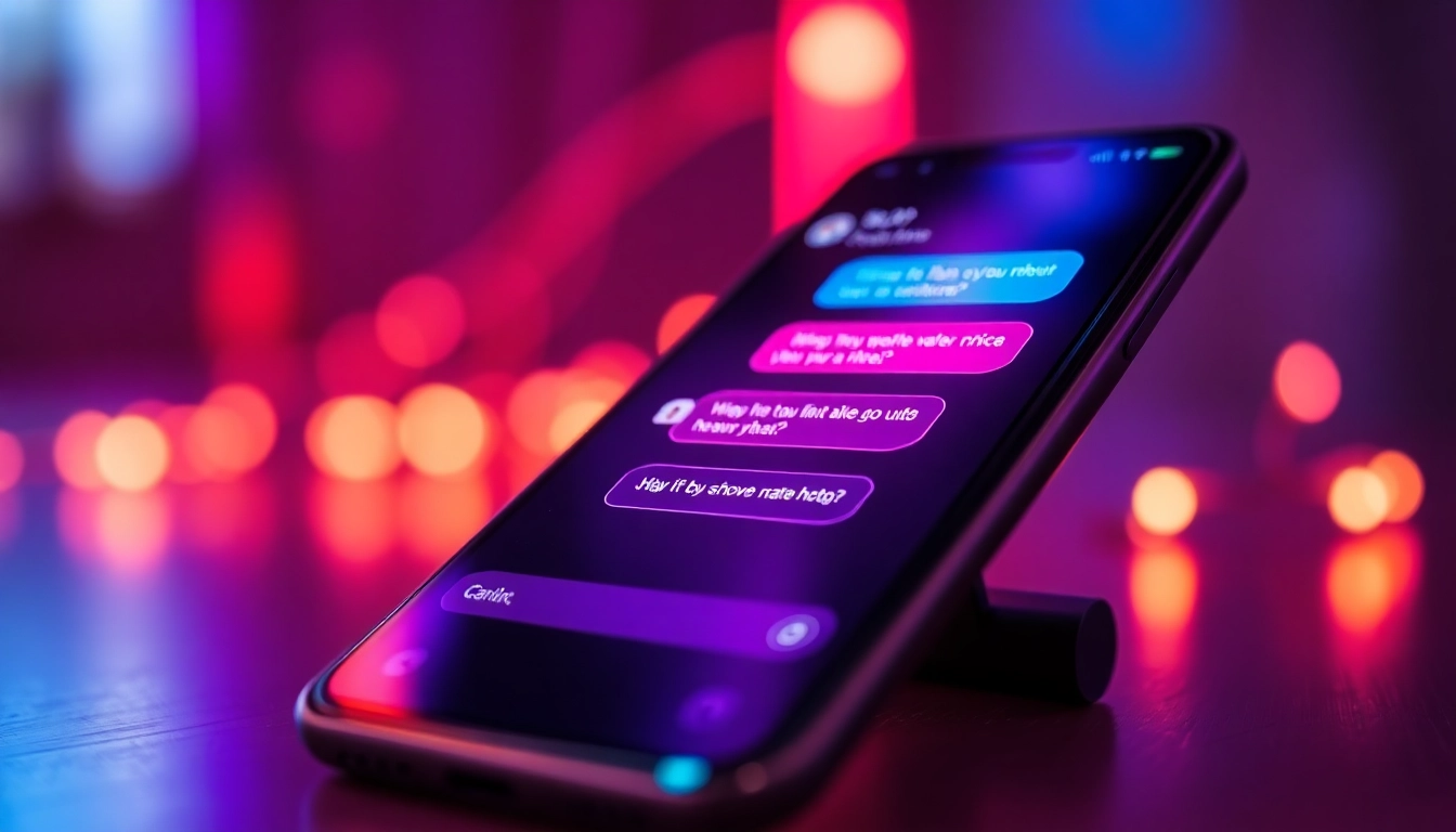 Close-up of a smartphone displaying a vibrant, neon-lit AI chat interface with a seductive atmosphere.