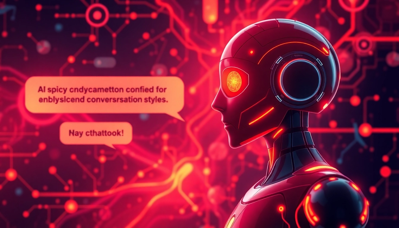 Spicy AI Chat platform showing a vibrant user interface with fiery elements and engaging chat bubbles, highlighting realistic, uncensored conversations for adults.
