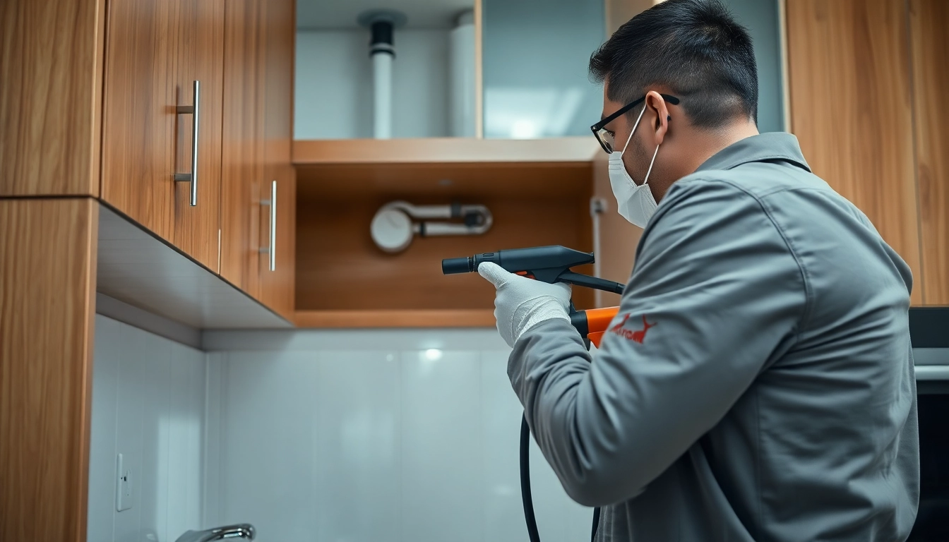 Pest control technician inspecting a kitchen corner for cockroaches with equipment and tools.