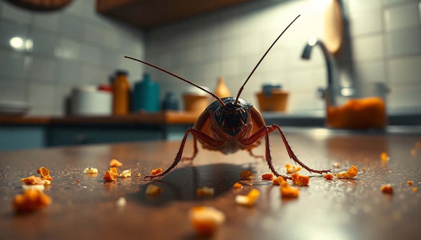 Close-up van een kakkerlak op een keukentafel met voedselresten