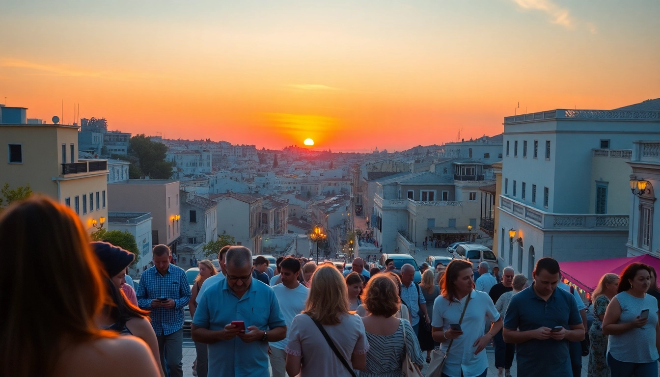 Greek chat app users engaging on mobile devices in a lively city setting for online communication