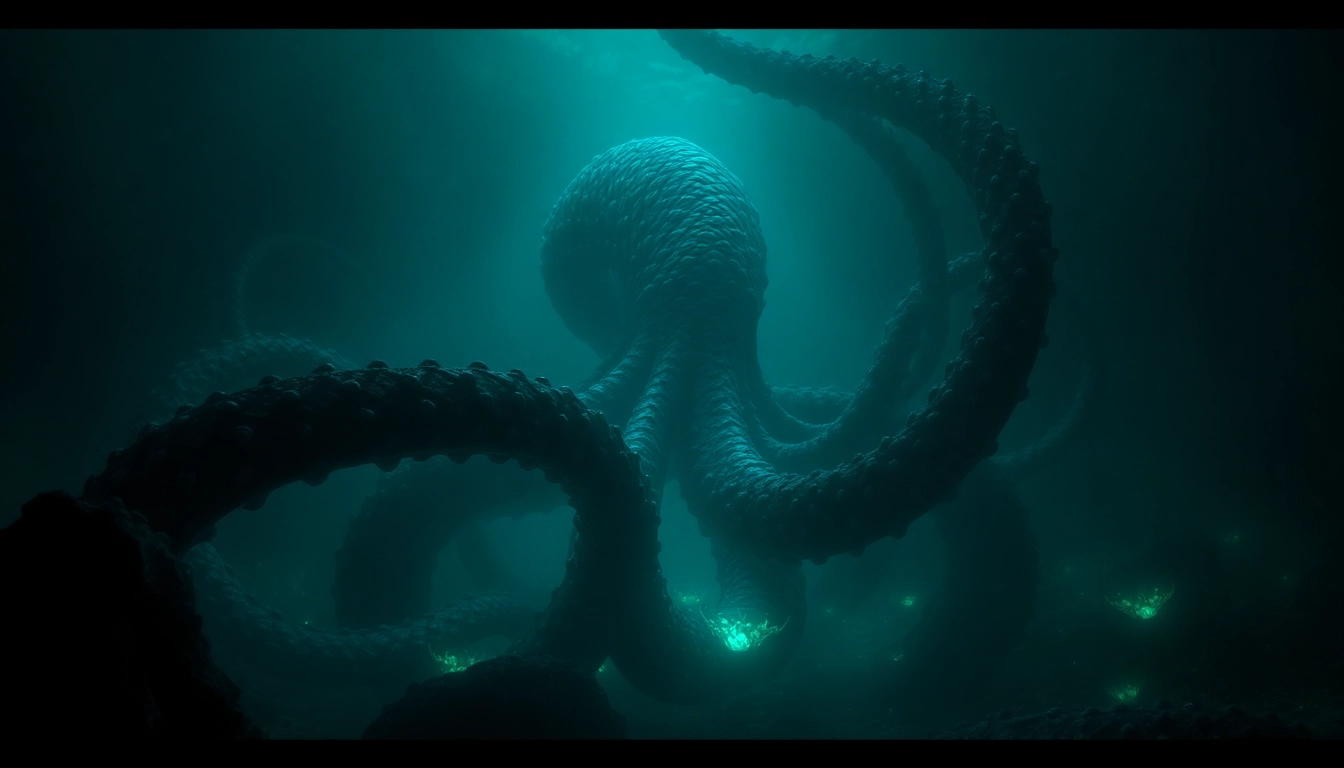 The legendary unleashing tentacles from deep ocean depths towards a ship at sea, evoking