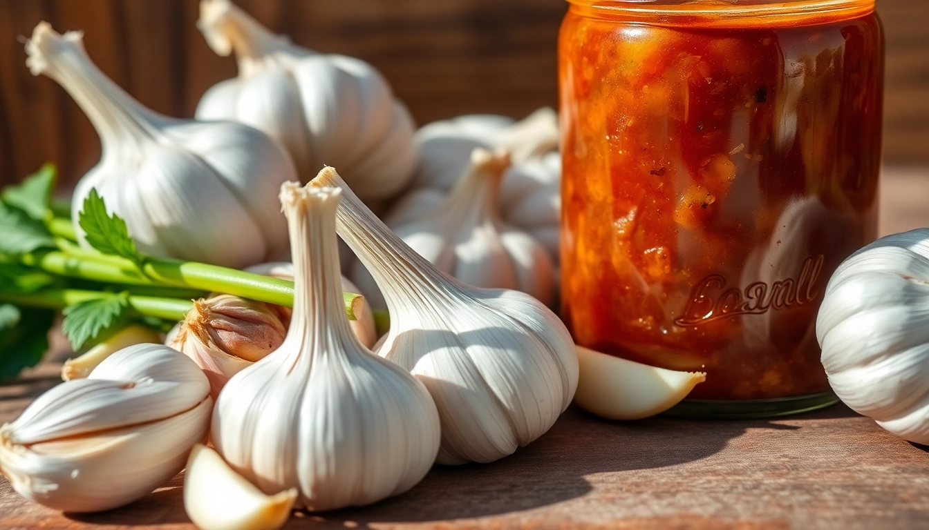 Premium garlic paste being prepared with fresh garlic cloves and a wooden spoon, showcasing